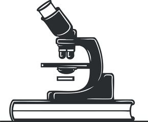 Black and white illustration of a microscope on top of a closed book representing scientific research and education