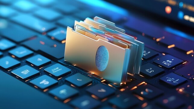Digital file folders resting on a laptop keyboard.