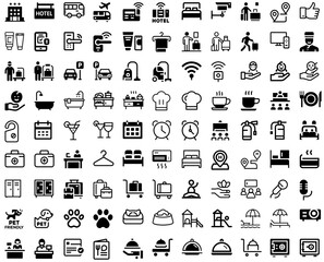 A detailed collection of 99 hotel icons covering all aspects of the hospitality industry, from accommodation and amenities to travel and tourism services, perfect for branding and design projects.