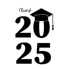 Class of 2025 lettering with graduation cap isolated on white. Congratulations to graduates typography poster. Vector template for greeting card, sticker, shirt, banner, label, etc.