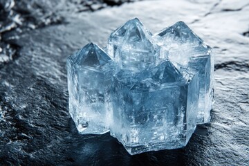 Obraz premium A cluster of translucent blue crystals, resembling a miniature city, rests on a dark surface.