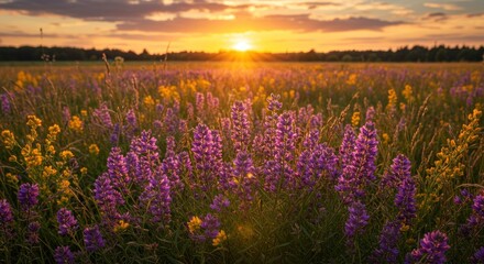 Field of Colorful Wildflowers at Sunset - Photo