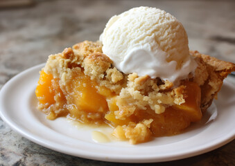 Crumbling peach cobbler slice with vanilla ice cream
