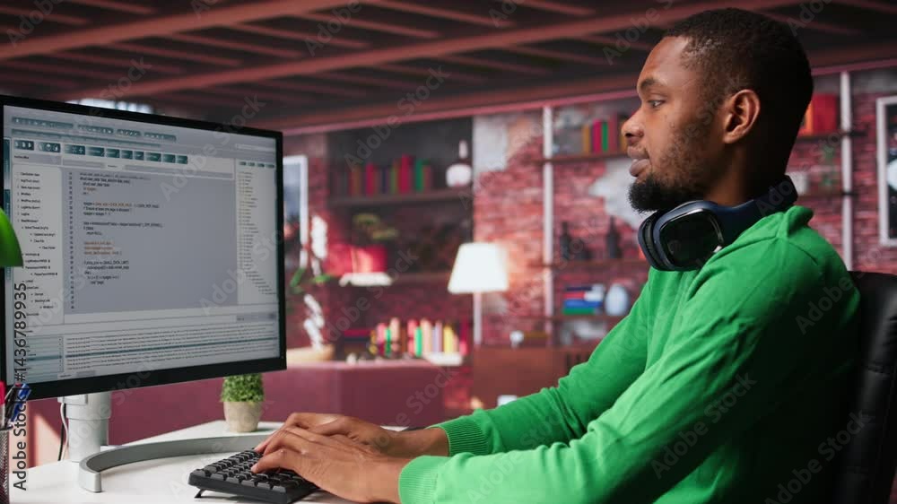 Fototapete Freelance developer writing code in a modern programming language. Young man analyzes big data, algorithms and optimizing performance while using binary code at home office. Camera B.
