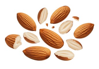Almond kernels and halves floating on a white background nutrition food