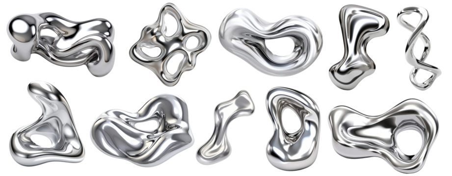 PNG Abstract shiny metallic shapes, element set on transparent background