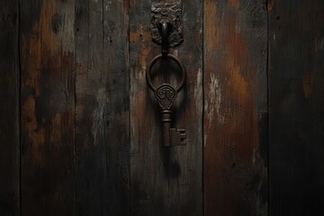A vintage key hangs on a rustic wooden door with a weathered texture, evoking mystery and history.
