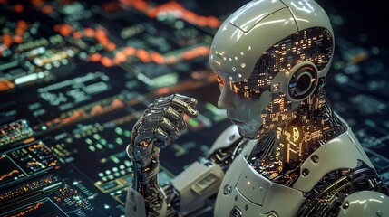 A humanoid robot with internal circuitry visible looking at a complex data display with a thoughtful pose