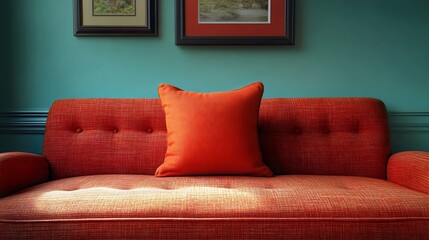 A striking orange cushion on a coral couch against a teal wall, evoking warmth and comfort.