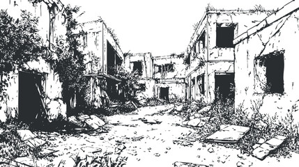 Fototapeta premium Black and white sketch of abandoned, dilapidated buildings overgrown with vegetation and debris