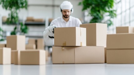 Worker and robot collaborate on package handling.  A worker in a  protective white hard hat and headphones,  assists a robotic arm in placing packages