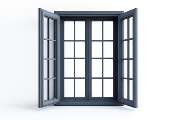 Obraz premium Open dark wooden window with panes isolated on white background