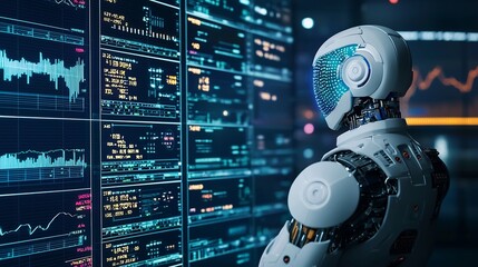 A robot standing next to screens displaying data and graphs in a futuristic environment setting scene