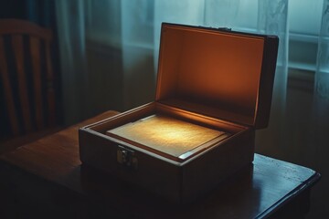 A vintage wooden box illuminated softly from within, sitting on a rustic table with a gentle light filtering through curtains.
