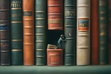 A miniature figurine explores a library, revealing the charm of storytelling through books.