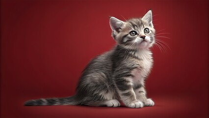 Obraz premium Kitten's Curiosity: A young kitten with striking grey tabby markings sits gracefully, gazing upward with an expression of innocent curiosity. Against a vibrant red backdrop, the kitten's eyes sparkle