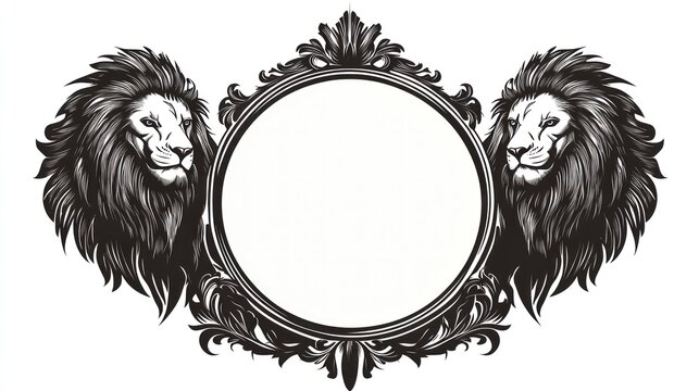 Lions frame ornate emblem, blank circle, heraldic background, logo design
