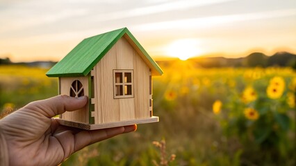 Dream Home in the Sunshine: A miniature wooden house held in hand, symbolizing dreams and aspirations against a backdrop of a radiant sunset over a sunflower field.