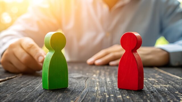 Dispute Resolution: A person mediates between two symbolic figures, a verdant and vermilion block representing potential conflict resolution. The tableau is set against an ambiguous background.