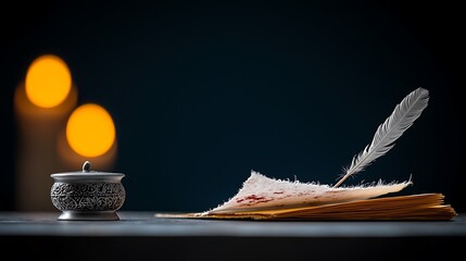 Vintage writing setup with a feather quill, ink pot, and parchment on a table with glowing candles