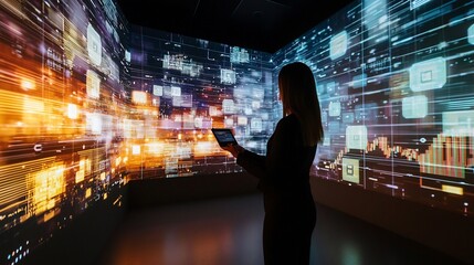 Woman using tablet in immersive data visualization room with financial charts and interface elements shown