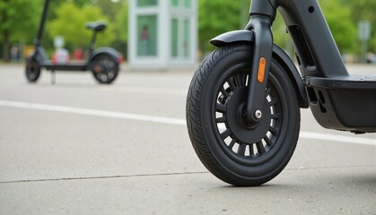 Obraz premium Close-up of a black electric scooter wheel on smooth asphalt surface with a blurred background of another scooter, urban mobility concept of transportation and eco-friendly commuting