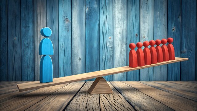 Balancing Act: Conceptual visual representation of one against many on a wooden see-saw, showcasing concepts of strength in unity or imbalance of power.