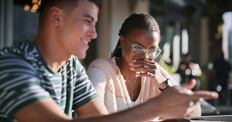 Education, funny and smile with student friends on campus together for learning or study. College, laughing or university with man and woman learner outdoor happy for academic development or growth