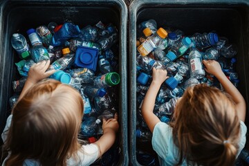 Two young girls with blonde hair sorting through recycling bins filled with plastic bottles.