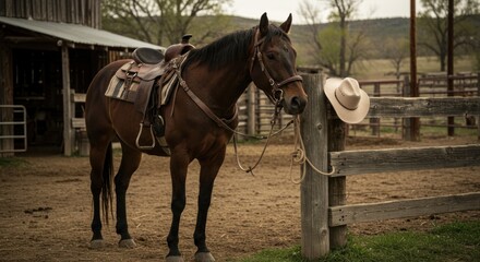 Fototapeta premium Horse with Saddle at Ranch. Photo