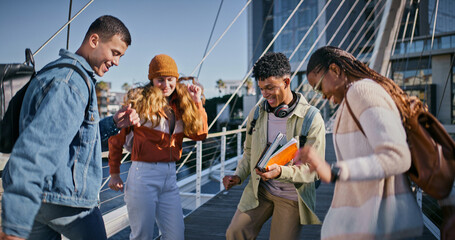 University, friends and outdoor with laugh on urban bridge in New York with diversity and fun. College, people and group conversation on campus with smile and happy from education and learning
