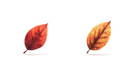 Fototapeta premium Two Autumn Leaves in Red and Brown on White Background