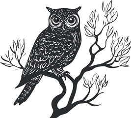 Black and white vector illustration of an owl perched on a tree branch with detailed feathers and eyes
