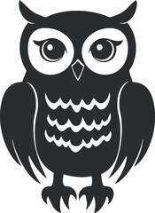 Black and white cartoon owl illustration with big eyes and feather details on white background