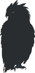Black silhouette of an owl bird with closed eyes perched, showing feathers and claws