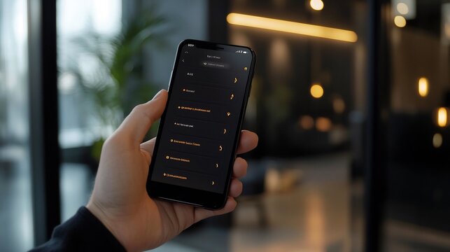 A hand holding a smartphone displaying a dark themed application with various menu options visible