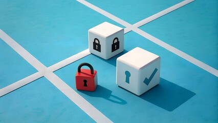 Obraz premium Security Concept: A symbolic representation of security, featuring three cubes, one with a red padlock, another showcasing a lock icon, and a third highlighting a keyhole with a checkmark.
