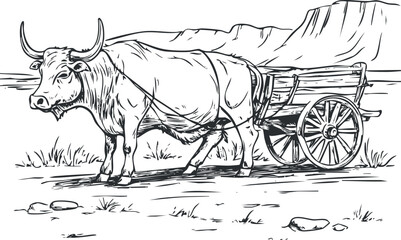 Black and white sketch of an ox pulling a wooden cart in a rural landscape with mountains in background
