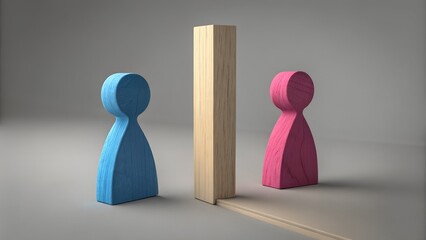 Separation and Division: Two wooden figures, one blue and one pink, stand separated by a wooden barrier, symbolizing division, conflict, or distance.