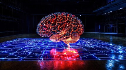 Glowing brain hologram on a blue grid floor in a dark room with reflections and futuristic elements