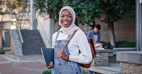 College, campus and portrait of Muslim girl with smile, backpack or confidence for education. Islamic culture, equality and happy university student in hijab on morning commute for learning in Rwanda
