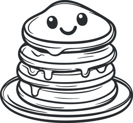 Cute stack of pancakes with a smiling face and syrup dripping on a plate illustration