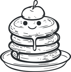 Cute stack of pancakes with a smiling face topped with whipped cream and a berry on a plate