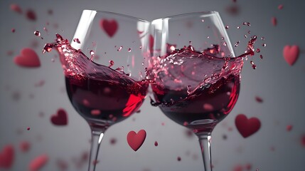Red Wine Glasses Clinking Together with Splashes and Hearts