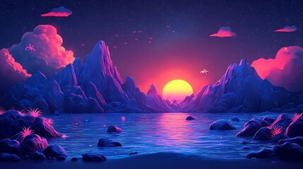 Fototapeta premium Vivid sunset over tranquil ocean, mountains in the background, with clouds and distant birds