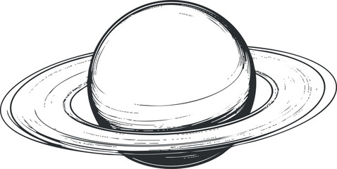 Black and white sketch illustration of the planet Saturn with prominent rings isolated on white background