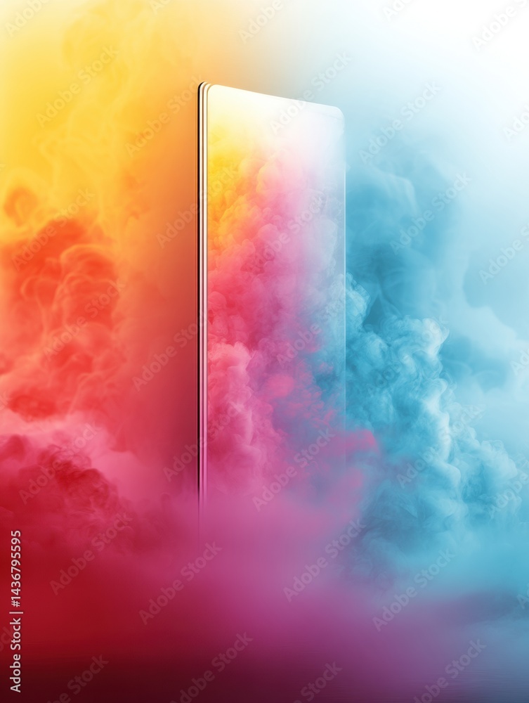 Poster Floating Smartphone Surrounded by Vibrant Gradient Fog Creates a Dreamy Visual Aesthetic in a Surreal Atmosphere