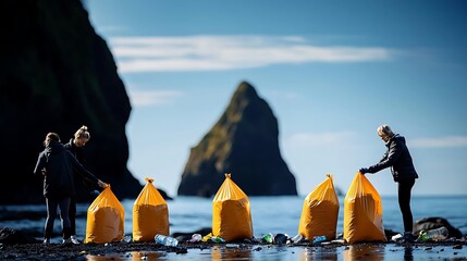 Volunteers cleaning a beach, collecting waste in yellow bags with a rocky formation in the background