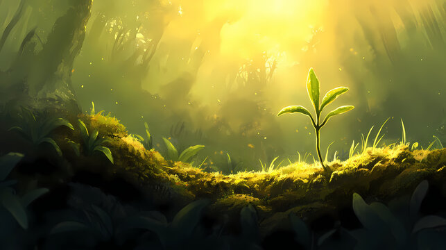 A young sprout emerges from the mossy forest floor, bathed in the golden light of the rising sun, a symbol of renewal and the enduring power of nature's cycle. Symbol Forest. Illustration