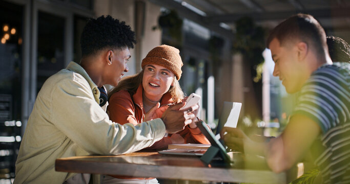 Education, phone and tablet with student friends on campus together for development or learning. College, conversation or university with man and woman study group at school together for growth